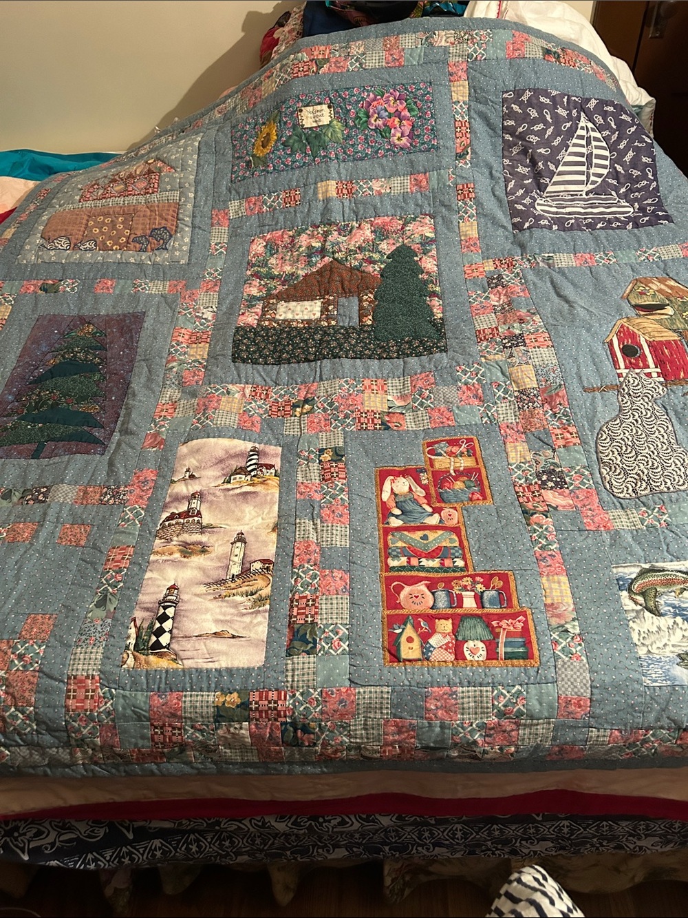 Handmade Patchwork hand sewn baby quilt multi- pattern 57”x59.5”